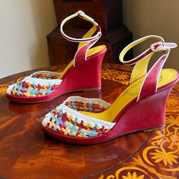 NWOT Delman Red/Yellow Leather Woven Peep toe Sandals 4” heel Size 8 MSRP $295 - Picture 10 of 13